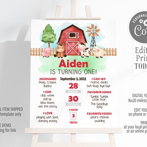Farm Animals Milestone Sign, 16x20, Birthday Milestone, Barnyard, You Print DIY edit on Corjl, Farm Milestone Instant Download Template