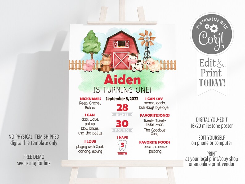 May include: A printable 16x20 inch milestone poster for a one-year-old boy's birthday. The poster features a watercolor illustration of a red barn, farm animals, and a green field. The poster includes the boy's name, Aiden, and details about his first year, including his height, weight, and favorite foods. The poster is customizable and can be edited and printed at home or at a local print shop.