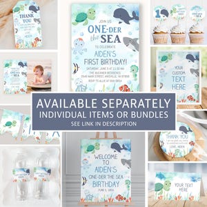 a collage of various baby-themed items and decorations, including a welcome sign, a birthday invitation, and a thank you card. The items are available separately and can be used individually or bundled together for a themed event.