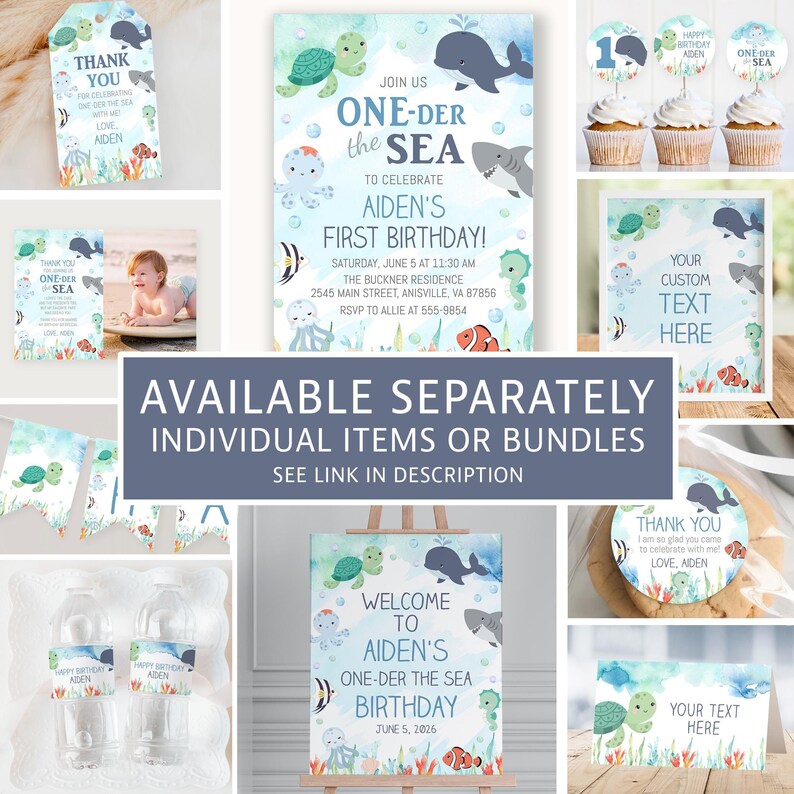 a collage of various baby-themed items and decorations, including a welcome sign, a birthday invitation, and a thank you card. The items are available separately and can be used individually or bundled together for a themed event.