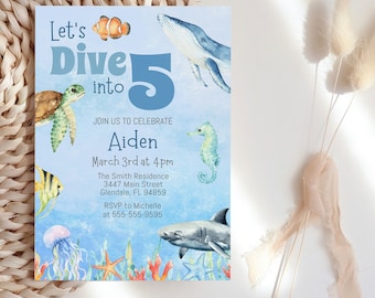 Ocean Animals Birthday Invitation, Dive Into 5, Editable (Digital Download)