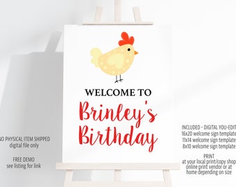 Chicken Birthday Welcome Sign Template, Farm Party Decor (Digital File)