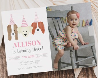 Puppy Birthday Photo Invitation Template, Boho Chic (Digital Download)