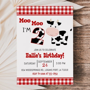 Cow Birthday Invitation: "Moo Moo I'm Two" Turning 2 Red Gingham (Digital Download) D208 image 2