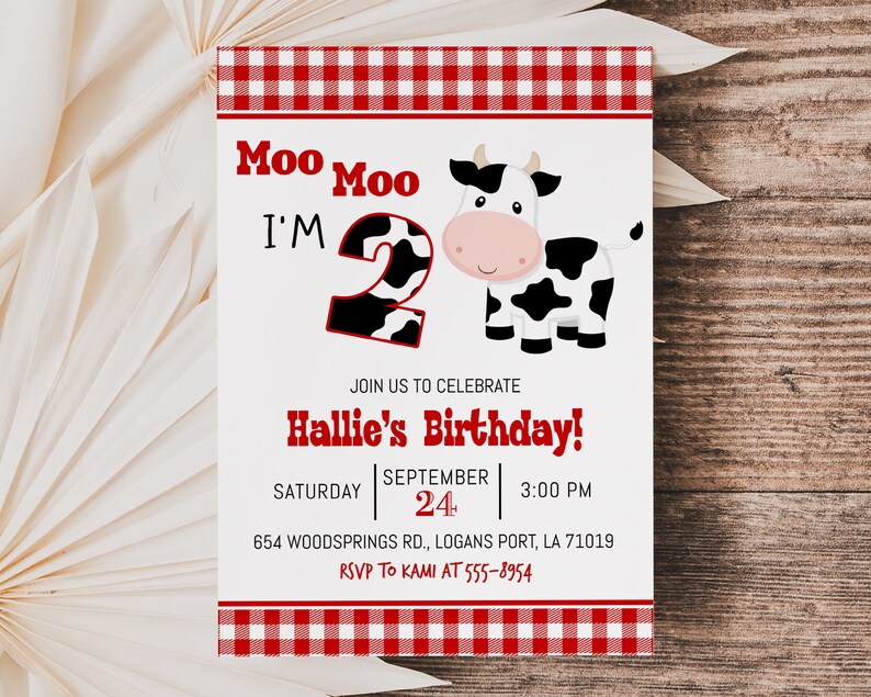 Cow Birthday Invitation: "Moo Moo I'm Two" Turning 2 Red Gingham (Digital Download) D208 image 2