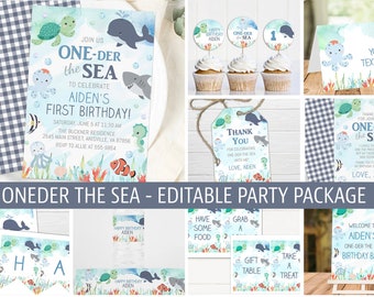 One-der the Sea Boy Party Package, Party Bundle, First Birthday, boy, blue, editable, Under the Sea Invitation -  CB1