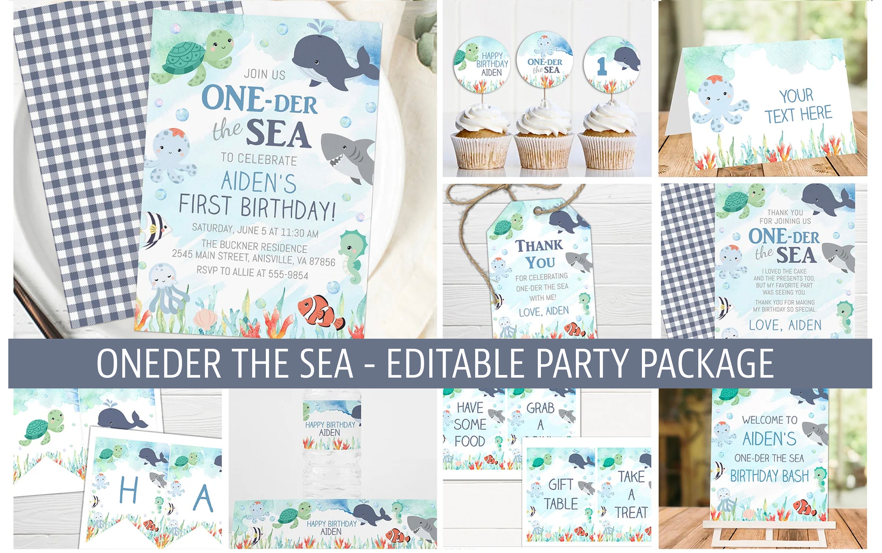One-der the Sea Boy Party Package, Party Bundle, First Birthday, Boy, Blue,  Editable, Under the Sea Invitation CB1 