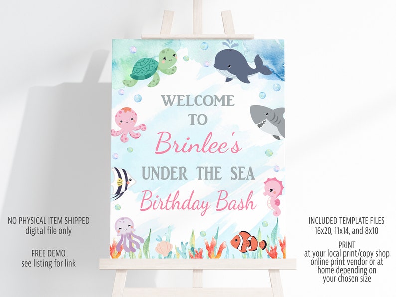 May include: A printable welcome sign for a birthday party with an under the sea theme. The sign features a blue and green watercolor background with various sea creatures, including a turtle, octopus, shark, fish, and a seahorse. The text on the sign reads "Welcome to Brinlee's Under the Sea Birthday Bash".