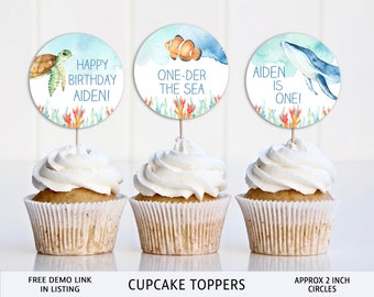 Toppers de Cupcake de Animais do Oceano: Decoração Editável para Festa de Aniversário (Download Digital)