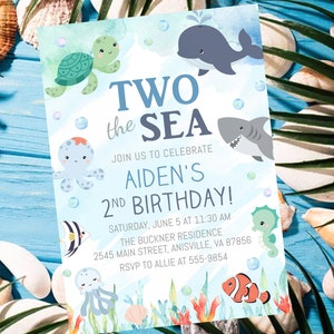 Two the Sea Birthday Invitation Template: Ocean Animals Second Birthday Blue (Editable, Digital Download) CB1