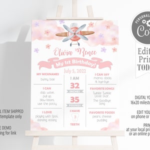 Airplane Girl Milestone Sign, 16x20, Girl Birthday Milestone, Pink Plane, You Print DIY edit on Corjl, Milestone Instant Download #GPL1
