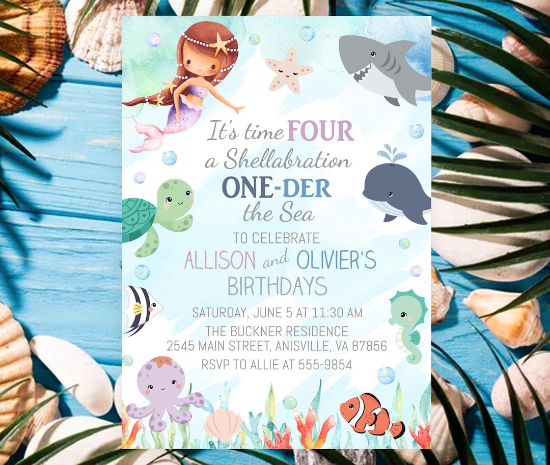 Mermaid Shark Ocean Birthday Invitation, Dual Party, Shellabrate Under ...