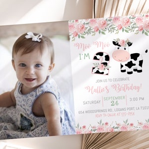 May include: A pink and white birthday invitation with a cow and the text "Moo Moo I'm 2" and "Hallie's Birthday!"  The invitation includes the date, time, and location of the party.