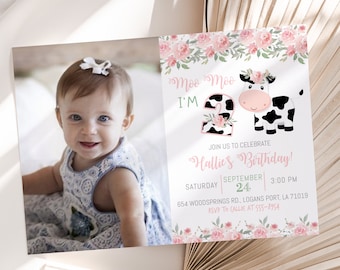 Cow Birthday Photo Invitation: Second Birthday Pink Floral, Two Years Old (Editable, Digital Download)