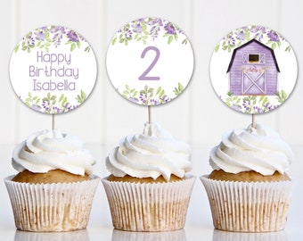 Farm Cupcake Toppers, Purple Floral Barnyard Animals (Digital Download)