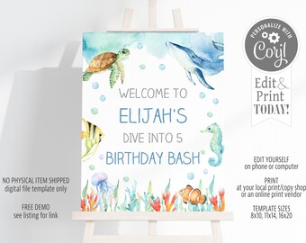Ocean Animals Birthday Welcome Sign Template (Digital File)