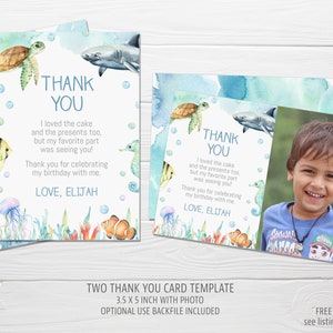 Ocean Animals Boy Thank You Note Template 3.5 x 5  inches, Photo and Non-photo Thank You flat, editable, dive into five shark turtle D204