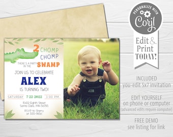 May include: A green alligator with an open mouth and a number 2 on its head. The text "CHOMP CHOMP SWAMP" is in orange and green. The text "THERE'S A PARTY IN THE" is in black. The text "JOIN US TO CELEBRATE ALEX IS TURNING TWO!" is in blue. The text "SATURDAY 7-22-2022 3:00 PM 15432 Eighth Street Santa Clara, MN 56785 RSVP to Sherry at 555-9856" is in black. A photo of a young boy in a blue overalls is in the background.