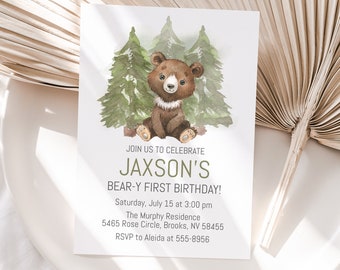 Bear Birthday Invitation Template, Bear-y First Birthday Invitation, Editable, edit with Corjl, instant download