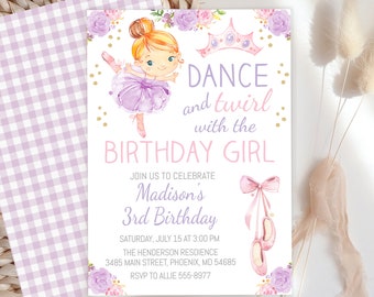Blond Ballerina Birthday Invitation, Dance and Twirl (Digital Download)