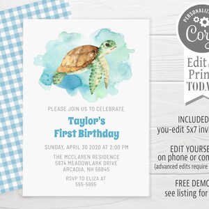 May include: A watercolor illustration of a sea turtle on a blue background. The invitation is for a first birthday party for Taylor. The invitation includes the date, time, location, and RSVP information.