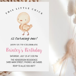 Chicken Birthday Invitation template, girl, editable, farm party invite turning one, two or any age, this little chick pink