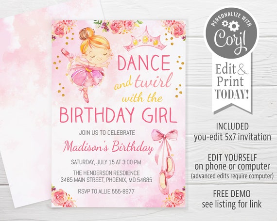 Ballet Birthday Invitation, editable, Dance and Twirl light hair/light skin ballerina invitation, edit with Corjl, instant download Il_570xn