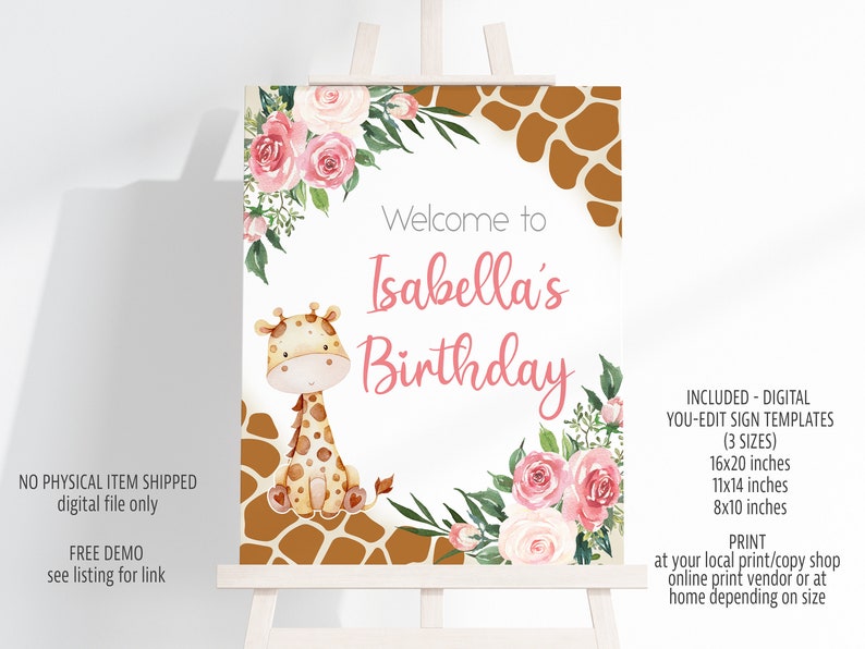 May include: A printable welcome sign for a birthday party with a giraffe and pink flowers. The sign says "Welcome to Isabella's Birthday".