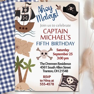 Plantilla de invitación de cumpleaños pirata, animales de calavera de barco pirata, niño, azul, editable, primer quinto cumpleaños, mapa pirata, descarga instantánea