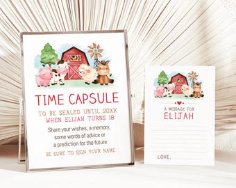 Farm Animals Time Capsule Set: Editable Table Sign and Message Cards (Instant Download)