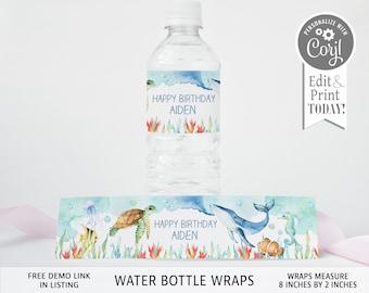 Ocean Animals Water Bottle Label, Editable Party Wrap (Digital Download)