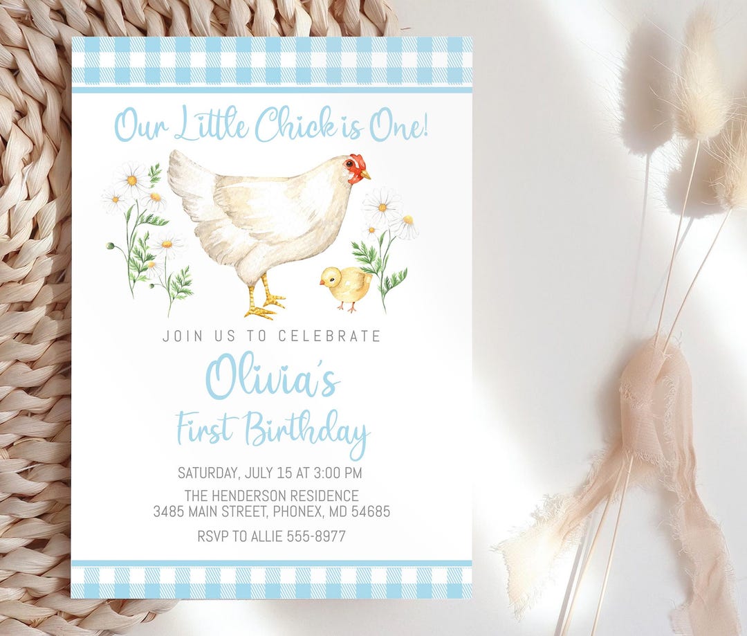Chicken Birthday Invitation Template, Blue Gingham, Daisy Flowers ...
