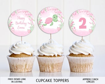 Turtle Cupcake Toppers, Editable, Turtley Two, Circle Toppers Label, edit with CORJL, instant download