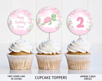 Turtle Cupcake Toppers, bewerkbaar, Turtley Two, Circle Toppers Label, bewerken met CORJL, direct downloaden