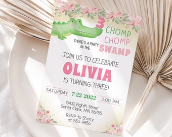Girl Alligator Birthday Invitation: Pink Flowers, Swamp Party (Editable, Digital Download)