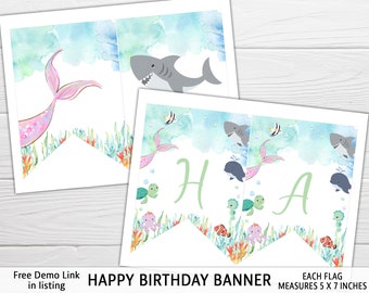 Sharks and Mermaids Birthday Banner Template: Ocean Animals Happy Birthday (Digital Download) CG1