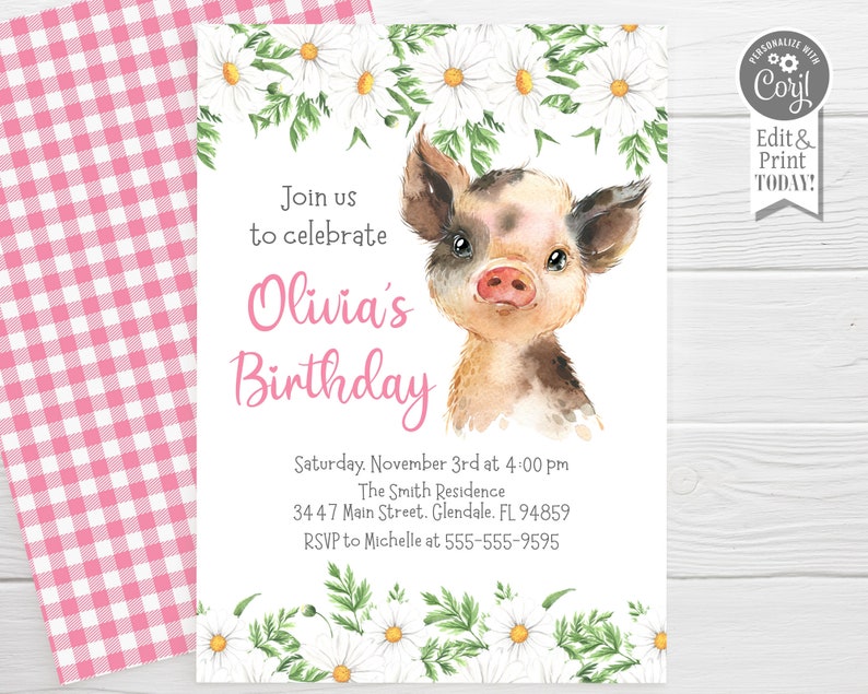 Pig Birthday Invitation Template, Editable, Piglet with Daisy Flowers invitation for girl with flowers and pink text, instant download image 6