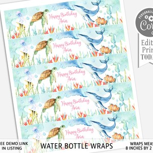 May include: Five printable water bottle wraps featuring a watercolor illustration of a turtle, whale, and seahorse in a blue and green ocean scene. The text "Happy Birthday Aria" is printed on each wrap. The wraps measure 8 inches by 2 inches.