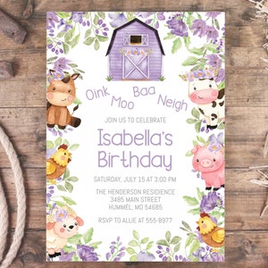 Farm Animals Birthday Invitation Template, girl, purple flowers, editable, farm animals, barnyard animals, instant download