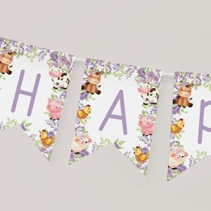 以下が含まれることがあります： 紫と白の旗に、紫色の文字で「HAPPY」と書かれています。旗には、牛、豚、鶏、馬などの農場の動物と紫の花が飾られています。