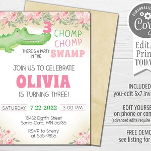 May include: A printable invitation for a 3rd birthday party with a swamp theme. The invitation features a green alligator, pink flowers, and the text "3 CHOMP CHOMP SWAMP. JOIN US TO CELEBRATE OLIVIA IS TURNING THREE!"  The invitation also includes the date, time, and address of the party.