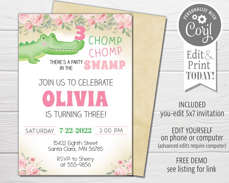 May include: A printable invitation for a 3rd birthday party with a swamp theme. The invitation features a green alligator, pink flowers, and the text "3 CHOMP CHOMP SWAMP. JOIN US TO CELEBRATE OLIVIA IS TURNING THREE!"  The invitation also includes the date, time, and address of the party.