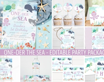 May include: A printable party package with a watercolor ocean theme. The package includes invitations, thank you tags, cupcake toppers, water bottle labels, food and drink signs, and a welcome sign. The colors are blue, green, purple, and orange. The text on the invitations says "One-der the Sea" and "Brinlee's 1st Birthday".