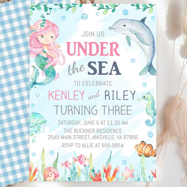 Under the Sea Mermaid Dolphin Twin Birthday Invitation, editable, Birthday girl and boy ocean, edit with Corjl, instant download