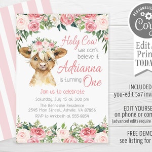 May include: A pink and white floral invitation with a watercolor illustration of a highland cow wearing a flower crown. The text reads "Holy Cow, we can't believe it, Adrianna is turning One. Join us to celebrate Saturday, July 15 at 3:00 pm The Bernstine Residence 2545 Main Street, Ashville, VA 87856 RSVP to Annabeth at 555-9854".