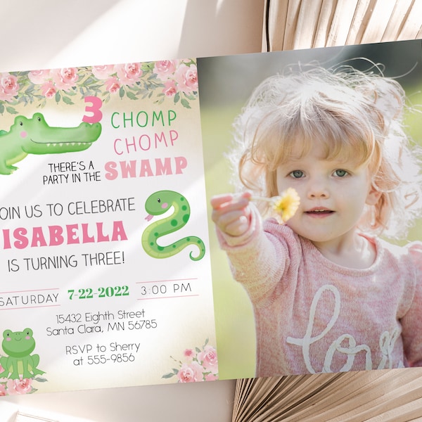 Reptile Party Birthday Photo Invitation, pink flowers, editable invite, chomp chomp, party in the swamp, edit any age, girl, Corjl, instant