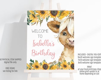 Highland Cow Sunflower Welcome Sign Template (Digital File)