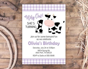Cow First Birthday Invitation: Lavender Purple Gingham Holy Cow Turning One (Editable, Digital Download)