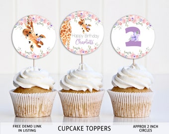 Giraffe Cupcake Topper Template, Pink Purple Flowers (Editable, Digital Download)