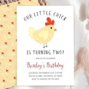 Printable Chicken Birthday Invitation Template for girl second birthday editable farm party invite turning two or any age instant